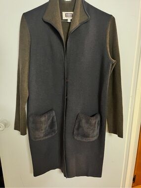 Etcetera Black Coat with Olive Sleeves and Faux-Fur Pockets